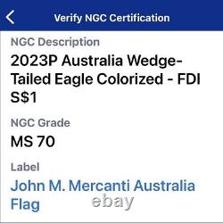 2023 Aigle à queue en coin d'Australie 1 oz Argent 1ère colorisée Premier jour FDOI MS70