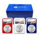 2023 (w) $1 American Silver Eagle 3pc Set Ngc Ms70 Drapeau Étiquette Rouge Blanc Bleu