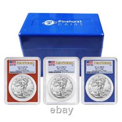 2023 (w) $1 American Silver Eagle 3pc Set Pcgs Ms70 Fs Drapeau Étiquette Rouge Blanc Bleu
