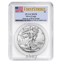 2023 (w) $1 American Silver Eagle 3pc Set Pcgs Ms70 Fs Drapeau Étiquette Rouge Blanc Bleu