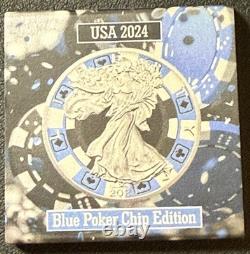 2024 1 oz. 999 American Silver Eagle Édition Jeton de Poker Bleu Colorisé ASE /250