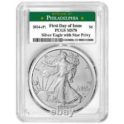 2024 (P) 1 $ Américain Silver Eagle Étoile Privy PCGS MS70 FDOI Étiquette Philadelphie