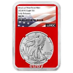 2024 (W) $1 Aigle d'argent américain 3 pièces Ensemble NGC MS70 ER Étiquette de drapeau Rouge Blanc Bleu
