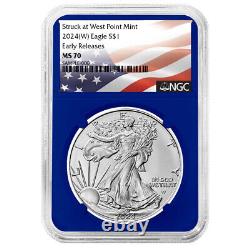 2024 (W) $1 Aigle d'argent américain 3 pièces Ensemble NGC MS70 ER Étiquette de drapeau Rouge Blanc Bleu
