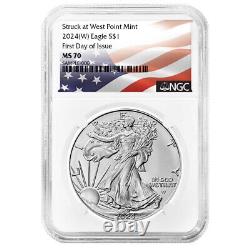 2024 (W) $1 Aigle d'argent américain 3 pièces Ensemble NGC MS70 FDI Étiquette du drapeau rouge blanc bleu