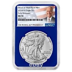 2024 (W) 1 $ American Silver Eagle Ensemble de 3 pièces NGC MS70 ER Étiquette Biden Rouge Blanc Bleu