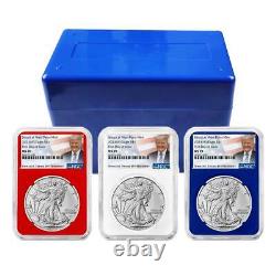 2024 (W) Ensemble de 3 pièces American Silver Eagle 1$ NGC MS70 FDI Étiquette Trump Rouge Blanc