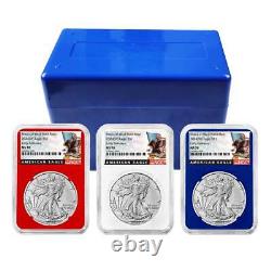 2024 (W) Ensemble de 3 pièces d'aigle en argent américain de 1 $ NGC MS70 ER étiquette noire rouge blanc bleu