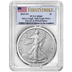 2025 (P) 1 $ Aigle en Argent Américain Premier Aigle Privé PCGS MS69 FS Étiquette Drapeau