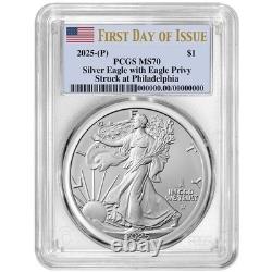 2025 (P) 1 $ Aigle en Argent Américain Premier Privy PCGS MS70 FDOI Étiquette Drapeau