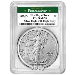 2025 (P) 1 $ American Silver Eagle Premier Eagle Privy PCGS MS70 FDOI Philadelphie