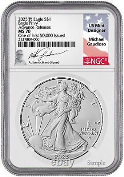 2025(P) ASE Eagle Privy NGC MS70 Release Avancée 1 de 50,000 Signé Gaudioso