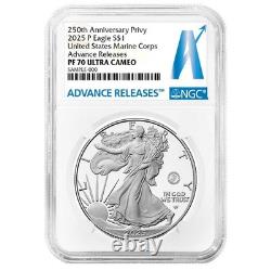 2025-P épreuve $1 American Silver Eagle Marine Corps Privy NGC PF70UC AR Advance