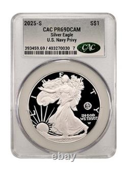 2025-S Aigle d’argent U.S. Navy Privy CAC PR69 DCAM boîte et COA inclus