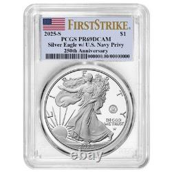 2025-S épreuve $1 aigle en argent américain Navy Privy PCGS PR69DCAM FS étiquette drapeau