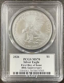 2026 Aigle Américain Argent PCGS MS70 FDOI Étiquette 40e Anniversaire Damstra