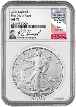 2026 American Silver Eagle Jour de la Première Émission NGC MS70 Signé par Harrigal