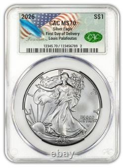 2026 American Silver Eagle Première Livraison CAC MS70 Étiquette des Fondateurs