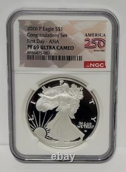 2026 American Silver Eagle en argent Proof S$1 Set Félicitations NGC PF69 UC FDOI Premier Jour ANA