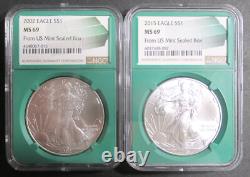 (2) 2002 2015 NGC MS 69 Boîte Scellée de la Monnaie des États-Unis 90% Argent Fin Aigle Non Circulé BU