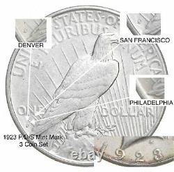 3 Coin Complete Mint Set 1923 P D S Peace Silver Dollar 90% Eagle Collection