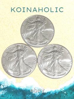 (3) Pièces American Eagle en argent 2024 de 1 oz $1 (BU). Argent pur 999, expédition rapide