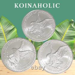 (3) Pièces American Eagle en argent 2024 de 1 oz $1 (BU). Argent pur 999, expédition rapide
