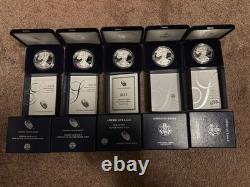 ASE-W American Silver Eagle Proof 5 Pièces Lot Tout Dans L'Emballage Original Avec COA