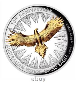 Aigle à queue en coin 2024 10e anniversaire 1oz Argent Proof relief élevé doré, Monnaie de Perth