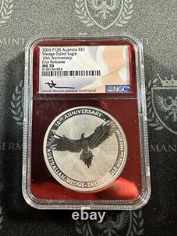 Aigle à queue en coin d'Australie 2024 Etiquette Rouge 1 oz Argent NGC MS70 signé par Mercanti