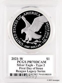 Aigle américain en argent de type 2 PCGS PR70DCAM FDI du millésime 2021 avec l'héritage de Reagan