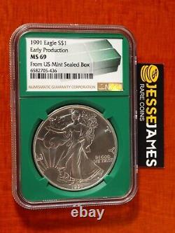 Aigle d'Argent 1991 Ngc Ms69 Production Précoce de la Monnaie des États-Unis Boîte Scellée Noyau Vert