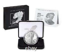 Aigle d'argent américain 1 oz. 99,9% d'argent en preuve 2024-S dans son emballage d'origine avec certificat d'authenticité de l'US Mint