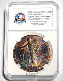 Aigle d’argent américain 2021 (1 oz 999) toning arc-en-ciel monstre, gemme non circulée