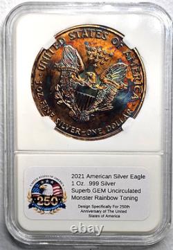 Aigle d’argent américain 2021 (1 oz 999) toning arc-en-ciel monstre, gemme non circulée