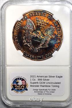 Aigle d’argent américain 2021 (1 oz 999) toning arc-en-ciel monstre, gemme non circulée