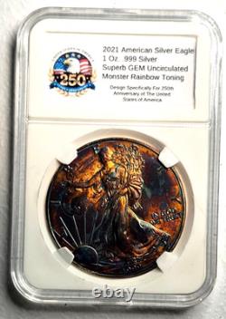 Aigle d’argent américain 2021 (1 oz 999) toning arc-en-ciel monstre, gemme non circulée