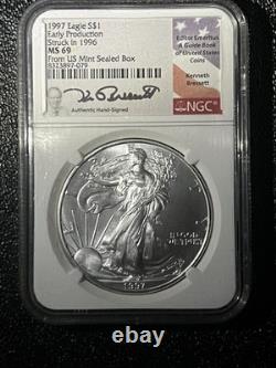 Aigle d'argent américain de 1 $ signé 1997, production précoce frappée en 1996, Monnaie des États-Unis, NGC MS69