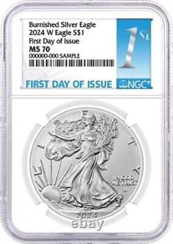 Aigle d'argent bruni NGC MS70 de 1 oz 2024 $1 Premier jour de la question 1er label
