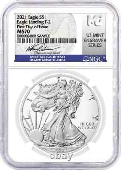 Aigle d'argent de 1 $ de 2021 Type 2 NGC MS70 FDOI Série de graveur de la Monnaie signée par Gaudioso