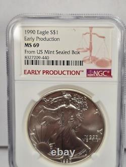 Aigle en Argent 1990 Ngc Ms69 Production Précoce Frappe en 1989 Boîte Scellée de la Monnaie des États-Unis