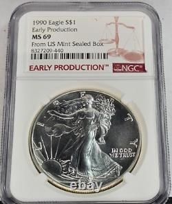Aigle en Argent 1990 Ngc Ms69 Production Précoce Frappe en 1989 Boîte Scellée de la Monnaie des États-Unis