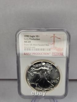 Aigle en Argent 1990 Ngc Ms69 Production Précoce Frappe en 1989 Boîte Scellée de la Monnaie des États-Unis
