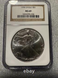 Aigle en Argent 1996 S Production Précoce Date Clé MS69 de NGC ÉBLOUISSANT