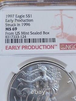 Aigle en Argent 1997 PRODUCTION ANTICIPÉE Frappe en 1996 MS69 Depuis Boîte Scellée de la Monnaie des États-Unis