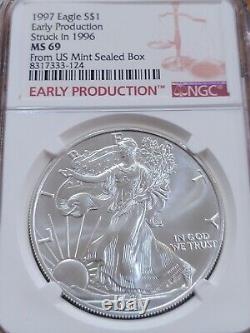 Aigle en Argent 1997 PRODUCTION ANTICIPÉE Frappe en 1996 MS69 Depuis Boîte Scellée de la Monnaie des États-Unis