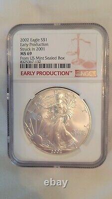 Aigle en Argent 2002 Ngc Ms69 Production Précoce Frappé en 2001 Dans Boîte Scellée de la Monnaie Américaine