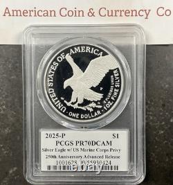 Aigle en Argent 2025-P avec Marque Marine PCGS PR70DCAM 250e Anniversaire Lancement Avancé