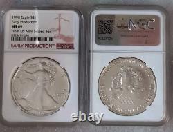 Aigle en Argent Américain 1990 NGC MS-69 Production Précoce Depuis Une Boîte Scellée de la Monnaie Américaine