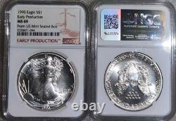 Aigle en Argent Américain 1990 NGC MS-69 Production Précoce Depuis Une Boîte Scellée de la Monnaie Américaine